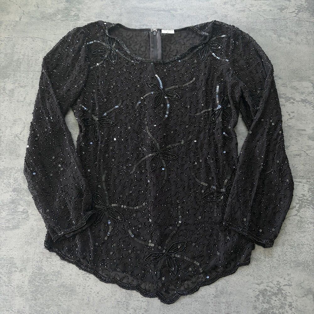 Vintage 90s Floral Beaded Sequin Long Sleeve Shirt Black Whimsigoth Women's M
